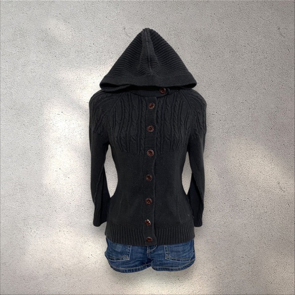 Early 2000s American Eagle Dark Academia Hooded Cable Knit Cardigan Sweater - Picture 3 of 9